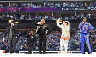 Super Bowl half-time show: Dr Dre joined by all-star cast of hip-hop royalty for performance during NFL showpiece