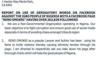 Reno Omokri's facebook account has been under attack by igbo for standing against igbo attrocities