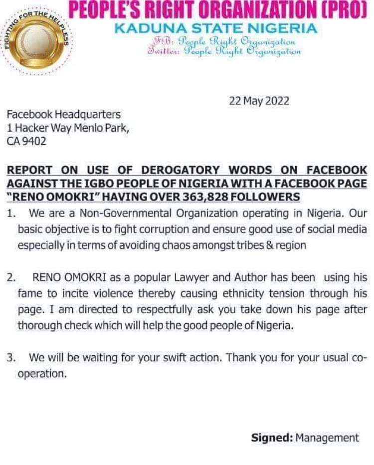 Reno Omokri's facebook account has been under attack by igbo for standing against igbo attrocities
